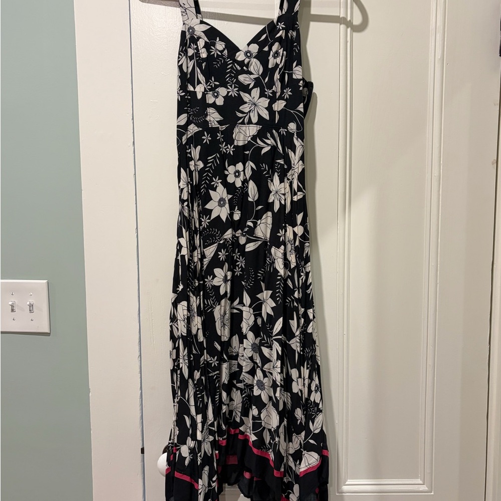 Anthropologie Black and White Floral Maxi Dress with Pink Hem